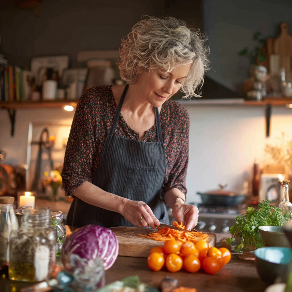 middle-aged woman preparing healthy meal in modern kitchen