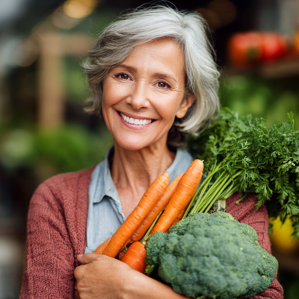 smiling mature woman holding fresh vegetables after successful nutrition program